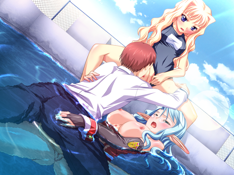 1boy 2girls blonde_hair blue_eyes blue_hair blush bottomless breasts cleo_cragganmore clothed_sex game_cg group_sex harem_party multiple_girls penis pool pussy sex sofisutia_gushigusu swimsuit uncensored vaginal water wet