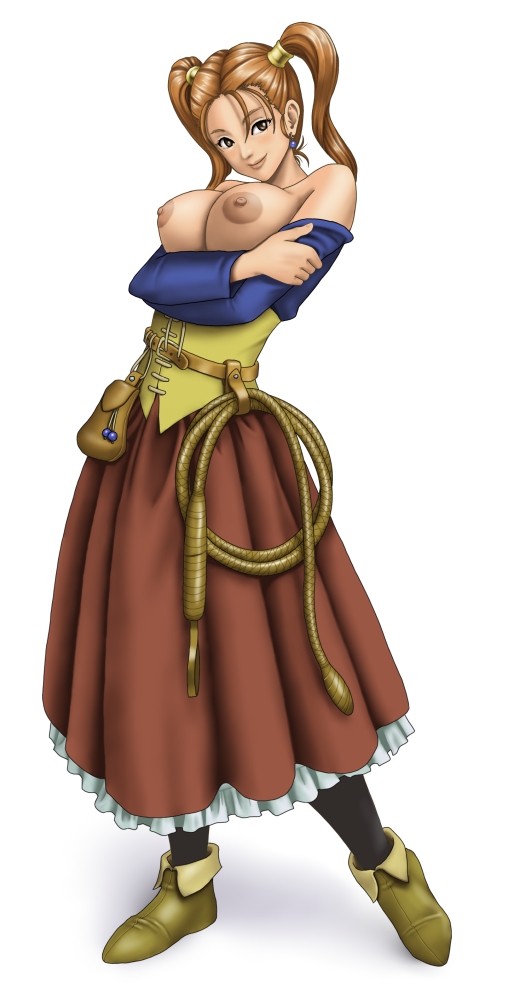 breast_lift breasts brown_eyes brown_hair dragon_quest dress irotsuya jessica_albert large_breasts looking_at_viewer nipples purple_shirt shirt smile solo twintails