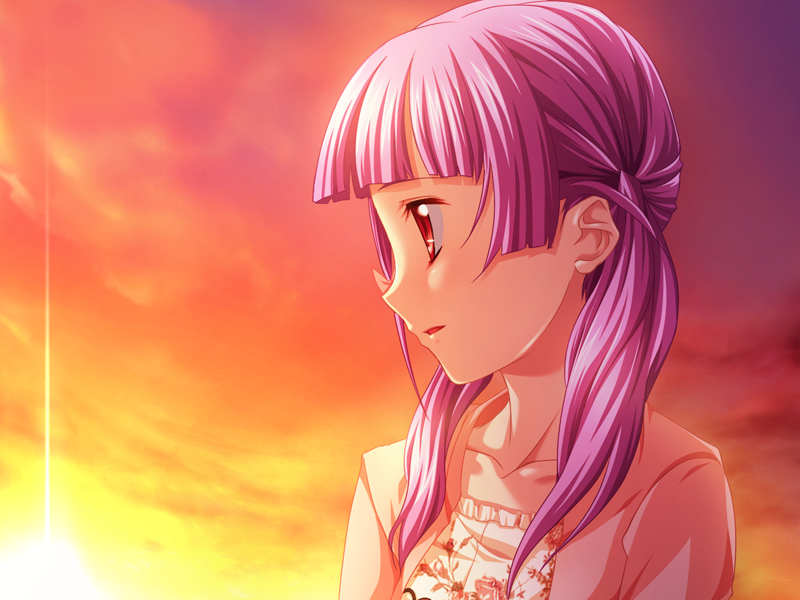 1girl agnes_ardbeg_augustus game_cg harem_party purple_hair red_eyes sunset twintails