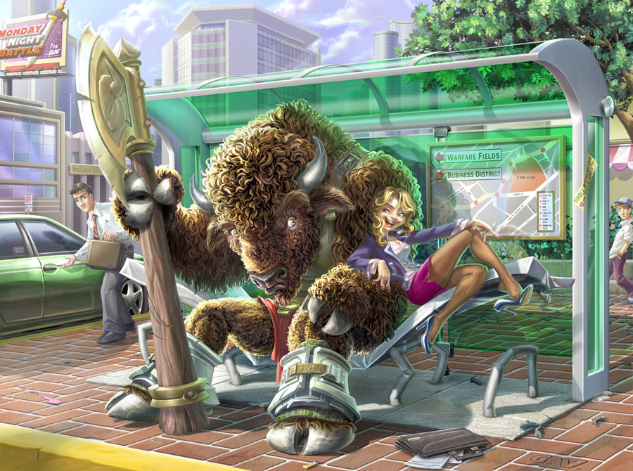 bison bovine buffalo building bus_stop city female hooves horn human male mammal muscles steeviewoo weapon wrecked