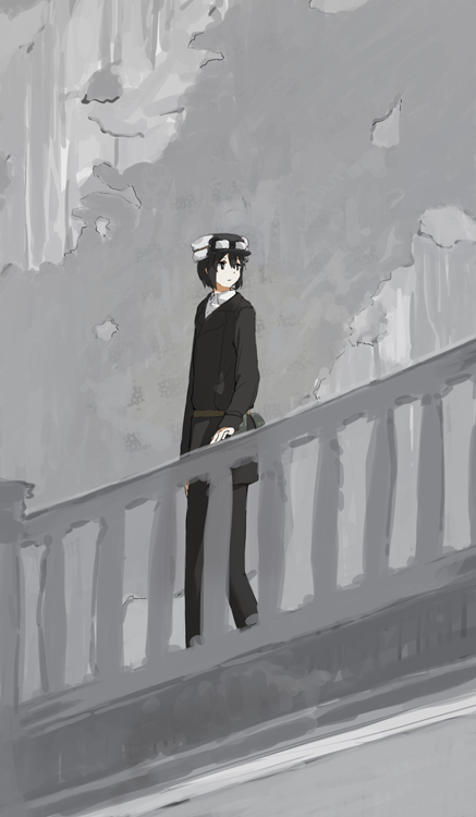 ake_(73226) androgynous black_eyes black_hair formal goggles goggles_on_headwear hat kino kino_no_tabi looking_back railing reverse_trap ruins short_hair solo stairs suit