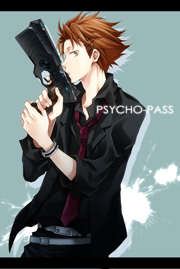 belt bracelet brown_eyes brown_hair copyright_name cowboy_shot dominator_(gun) finger_on_trigger gun hair_ornament hairclip jewelry kagari_shuusei kubyou_azami letterboxed looking_at_viewer male_focus necktie psycho-pass red_neckwear solo weapon