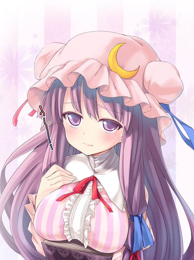 bad_id bad_pixiv_id blush book breasts crescent double_bun hair_ribbon hat hat_ribbon large_breasts long_hair numako patchouli_knowledge purple_eyes purple_hair ribbon solo striped touhou translation_request upper_body vertical_stripes