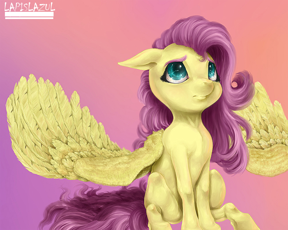 blue_eyes closed_mouth detailed ears_down equine female feral fluttershy_(mlp) friendship_is_magic hair horse jader lander_(artist) logo long_hair looking_up mammal my_little_pony pegasus pink_background pink_hair plain_background pony realistic_wings signature sitting solo wings