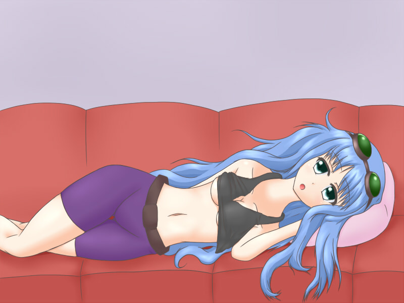 belt blue_hair breasts couch duel_monster goggles green_eyes long_hair navel red_upholstery shorts shyneet_magician skin_tight skintight tank_top underboob yu-gi-oh!