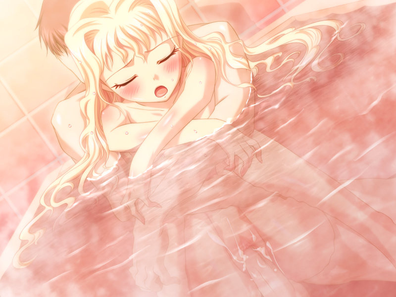 1girl bath blonde_hair blush breasts buoyant_hair cleo_cragganmore eyes_closed game_cg glasses harem_party long_hair mixed_bathing nude partially_submerged sex uncensored vaginal water
