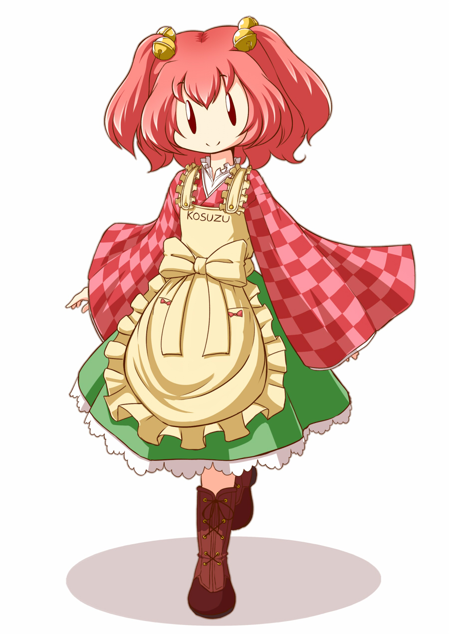 apron bell boots character_name clothes_writing cross-laced_footwear dress frills hair_bell hair_ornament highres jingle_bell lace-up_boots mazume motoori_kosuzu red_eyes red_hair shadow smile solo touhou two_side_up |_|