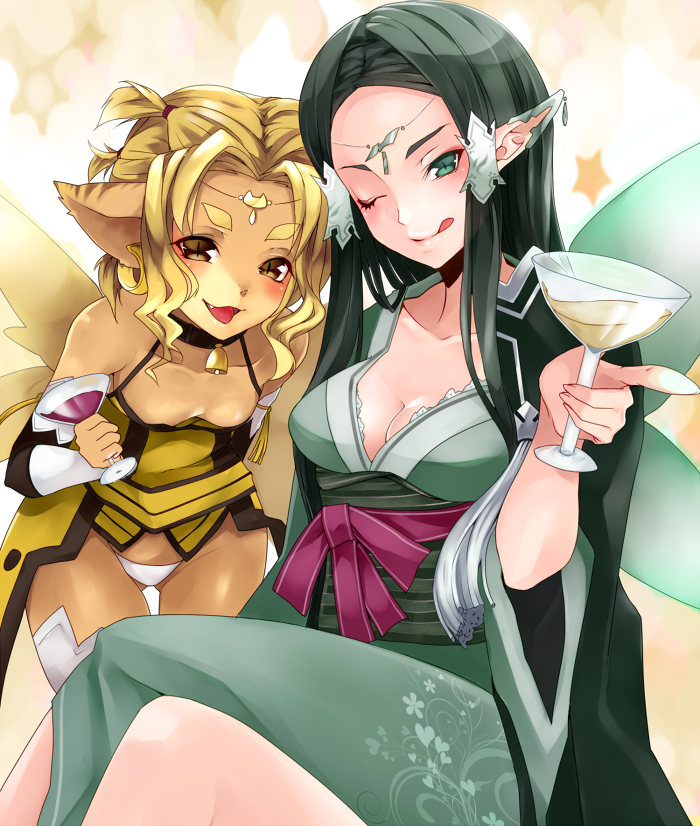:q alicia_rue animal_ears bad_id bad_pixiv_id bell bell_collar blonde_hair breasts cat_ears cleavage collar cup downblouse drinking_glass ear_covers fairy fang green_eyes green_hair hair_tubes japanese_clothes long_hair medium_breasts multiple_girls one_eye_closed open_mouth pointy_ears red_eyes sakuya_(sao) settyaro slit_pupils small_breasts smile sword_art_online tan tongue tongue_out wavy_hair wine_glass