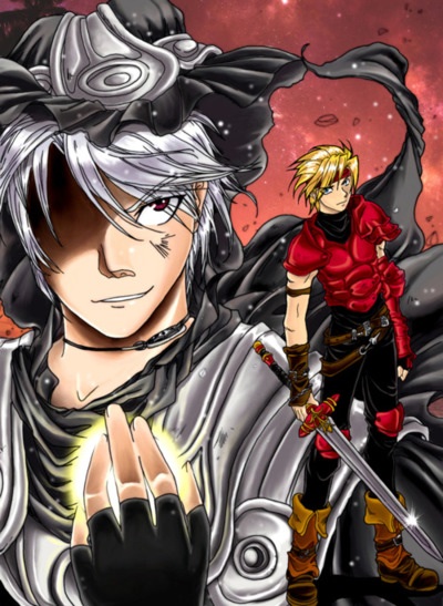 2boys armor black_pants boots brown_hair dart_feld gloves headband hood jewelry lloyd male male_focus moon_gem multiple_boys necklace pants playstation red_eyes robe silver_hair smile sword the_legend_of_dragoon weapon wingly