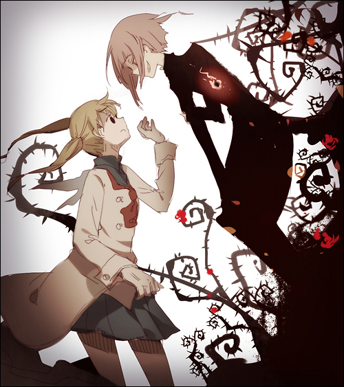 1girl androgynous artist_request blonde_hair chrona coat crona_(soul_eater) dhiea frown gloves grin long_hair looking_at_another maka_albarn pink_hair short_hair smile soul_eater thorns twintails white_gloves