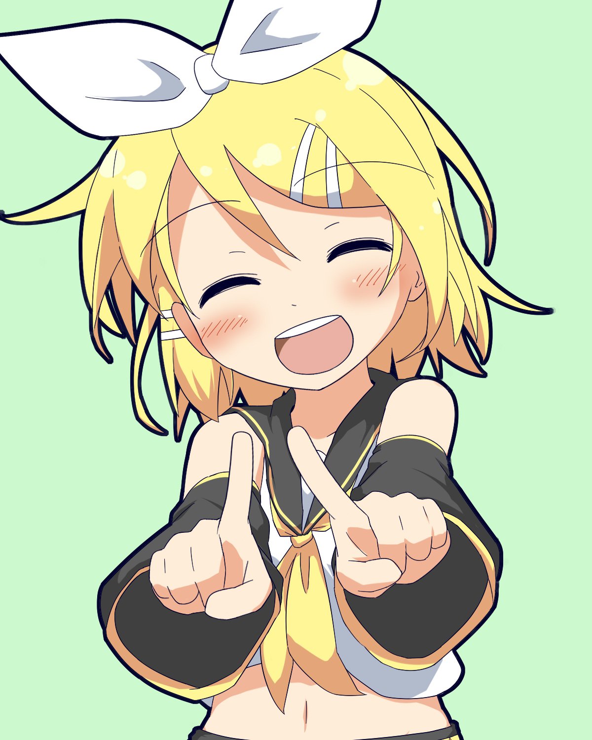 1girl anniversary bangs bare_shoulders blonde_hair blush bow commentary detached_sleeves eyebrows_visible_through_hair eyes_closed green_background hair_between_eyes hair_bow hair_ornament hairclip highres index_fingers_raised kagamine_rin midriff navel neck_ribbon outstretched_arms ribbon sailor_collar short_hair smile solo stomach upper_body vocaloid white_bow white_crop_top wreath_(a1b2c3d45) yellow_neckwear