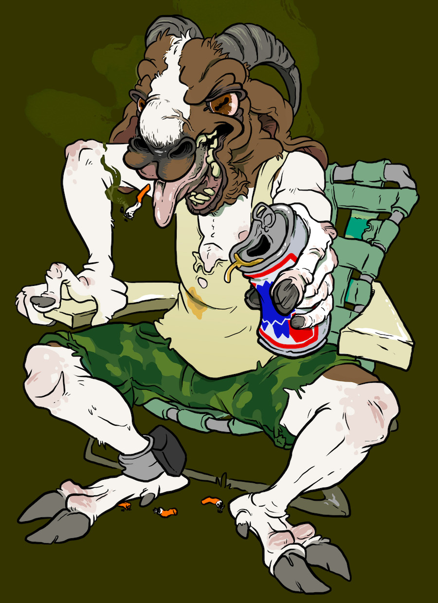 2017 5_fingers alcohol angry ankle_bracelets ankle_monitor anklet anthro barefoot beer beverage beverage_can biped blaze_(marking) boer_goat bovid brown_eyes brown_fur camo caprine chin_tuft cigarette clothing cloven_hooves digital_drawing_(artwork) digital_media_(artwork) dirty domestic_goat facial_markings floppy_ears foreshortening frown full-length_portrait fur fur_tuft goat grease green_background grey_hooves grey_horn holding_can holding_object hooved_fingers hooves horizontal_pupils horn jewelry lawn_chair male mammal markings multicolored_fur musk nipple_slip nipples on_chair open_frown open_mouth pants pink_nipples pink_tongue portrait redneck ridged_horn shirt shorts simbo simple_background sitting smelly smoking snout solo spread_legs spreading stain tank_top tongue toony torn_clothing torn_pants torn_shirt trailer_trash tuft two_tone_fur vein white_fur white_markings white_trash yelling