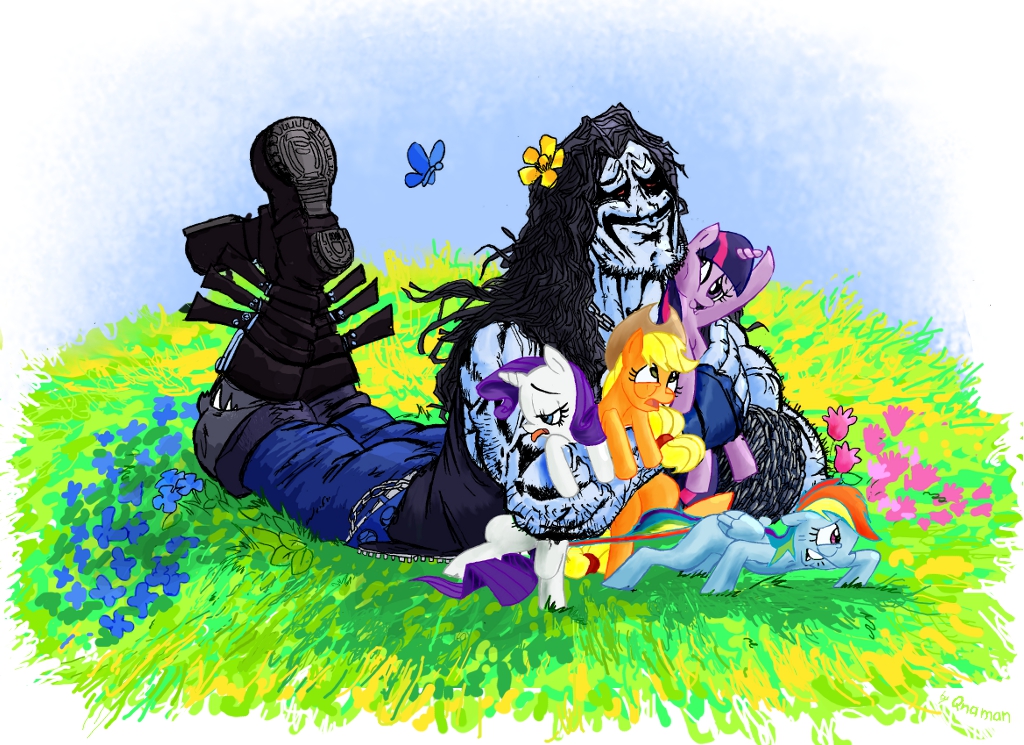 applejack_(mlp) arthropod bigger_version_at_the_source butterfly equine female feral flower friendship_is_magic group hair horn horse hug insect lobo_(dc_comic) male mammal multi-colored_hair my_little_pony pegasus pony purple_eyes qnaman rainbow_dash_(mlp) rainbow_hair rarity_(mlp) red_eyes smile twilight_sparkle_(mlp) unicorn wings