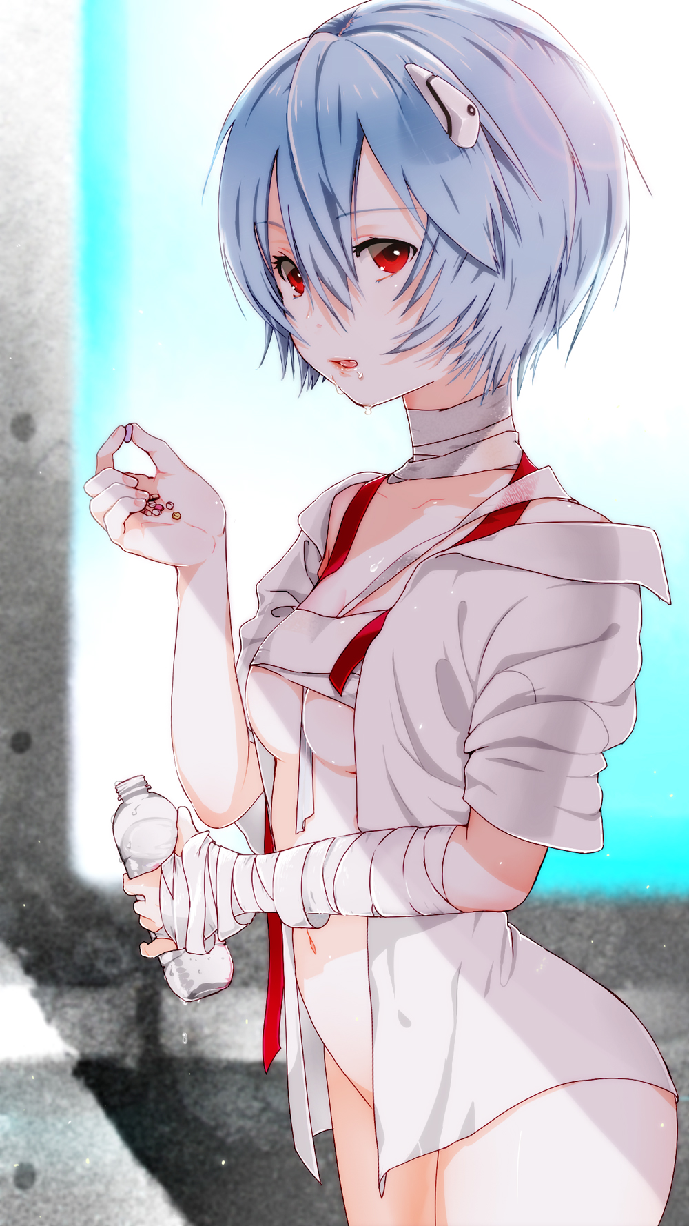 ayanami_rei bad_id bad_pixiv_id bandages blue_hair bottle bottomless breasts hair_ornament highres holding medium_breasts navel neon_genesis_evangelion open_clothes open_shirt pill red_eyes shirt short_hair solo water_bottle white_shirt yamada_ranga