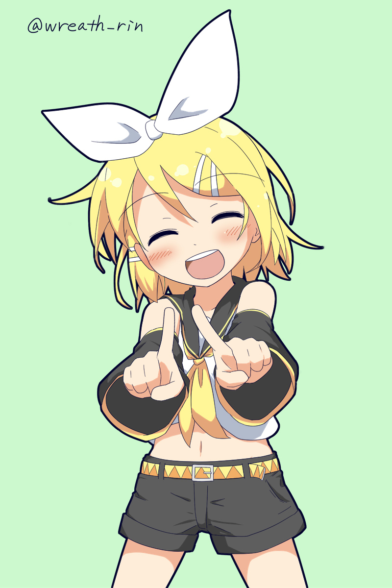 1girl anniversary bangs bare_shoulders blonde_hair blush bow commentary detached_sleeves eyebrows_visible_through_hair eyes_closed green_background hair_between_eyes hair_bow hair_ornament hairclip highres index_fingers_raised kagamine_rin midriff navel neck_ribbon outstretched_arms ribbon sailor_collar short_hair smile solo stomach upper_body vocaloid white_bow white_crop_top wreath_(a1b2c3d45) yellow_neckwear