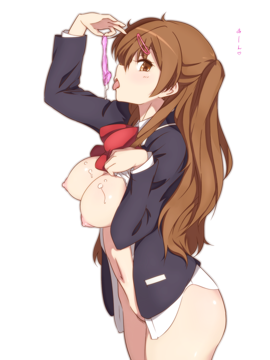 bottomless breasts brown_eyes brown_hair chuunibyou_demo_koi_ga_shitai! condom cum cum_on_body cum_on_breasts cum_on_upper_body hair_ornament hairclip haruhisky highres large_breasts long_hair looking_at_viewer nibutani_shinka nipples open_clothes pubic_hair school_uniform simple_background solo tongue tongue_out used_condom white_background
