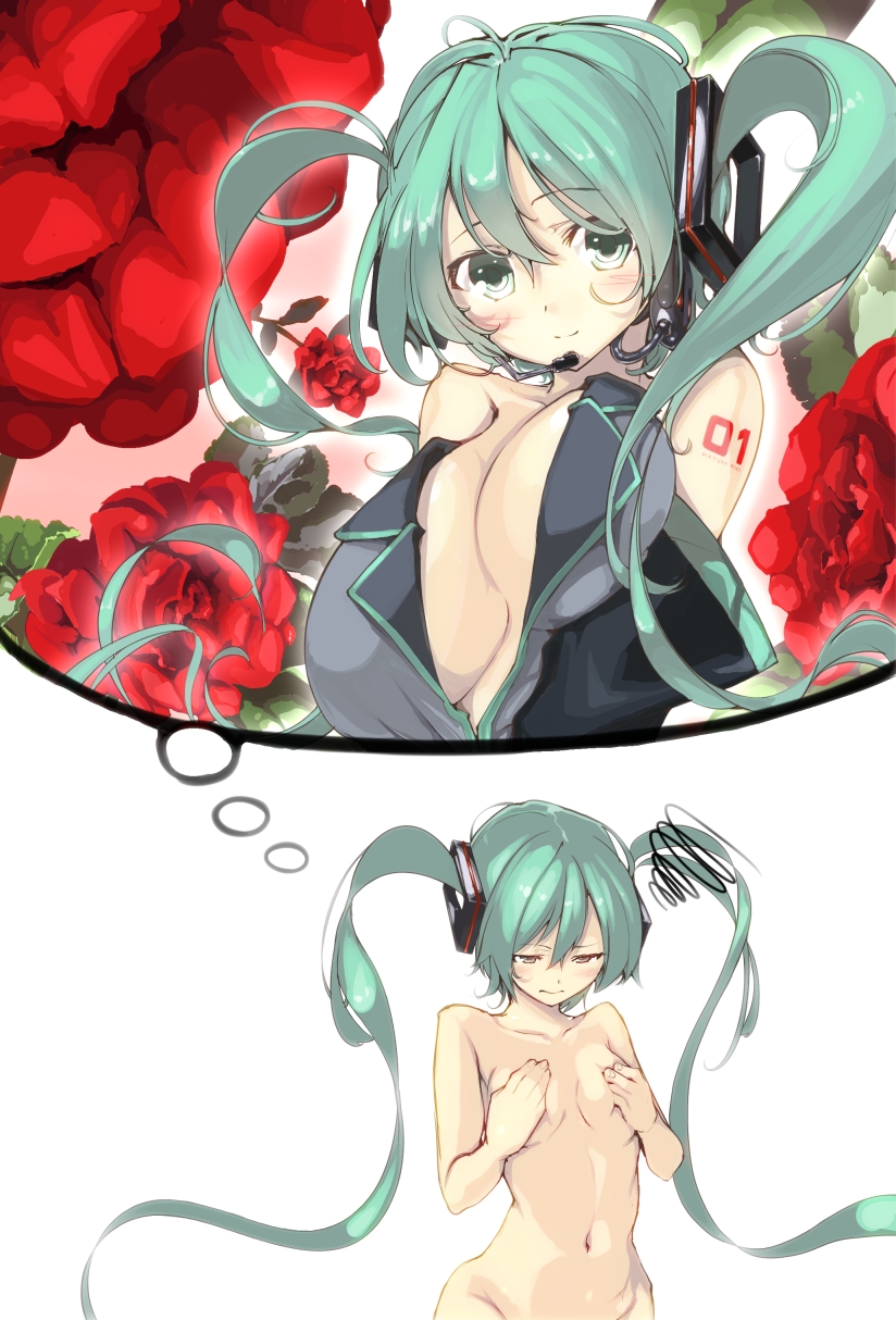 bad_id bad_pixiv_id blush breast_conscious breasts covering_nipples detached_sleeves flower furukawa_itsuse green_eyes green_hair hatsune_miku headset highres imagining large_breasts long_hair navel nude solo thought_bubble twintails very_long_hair vocaloid