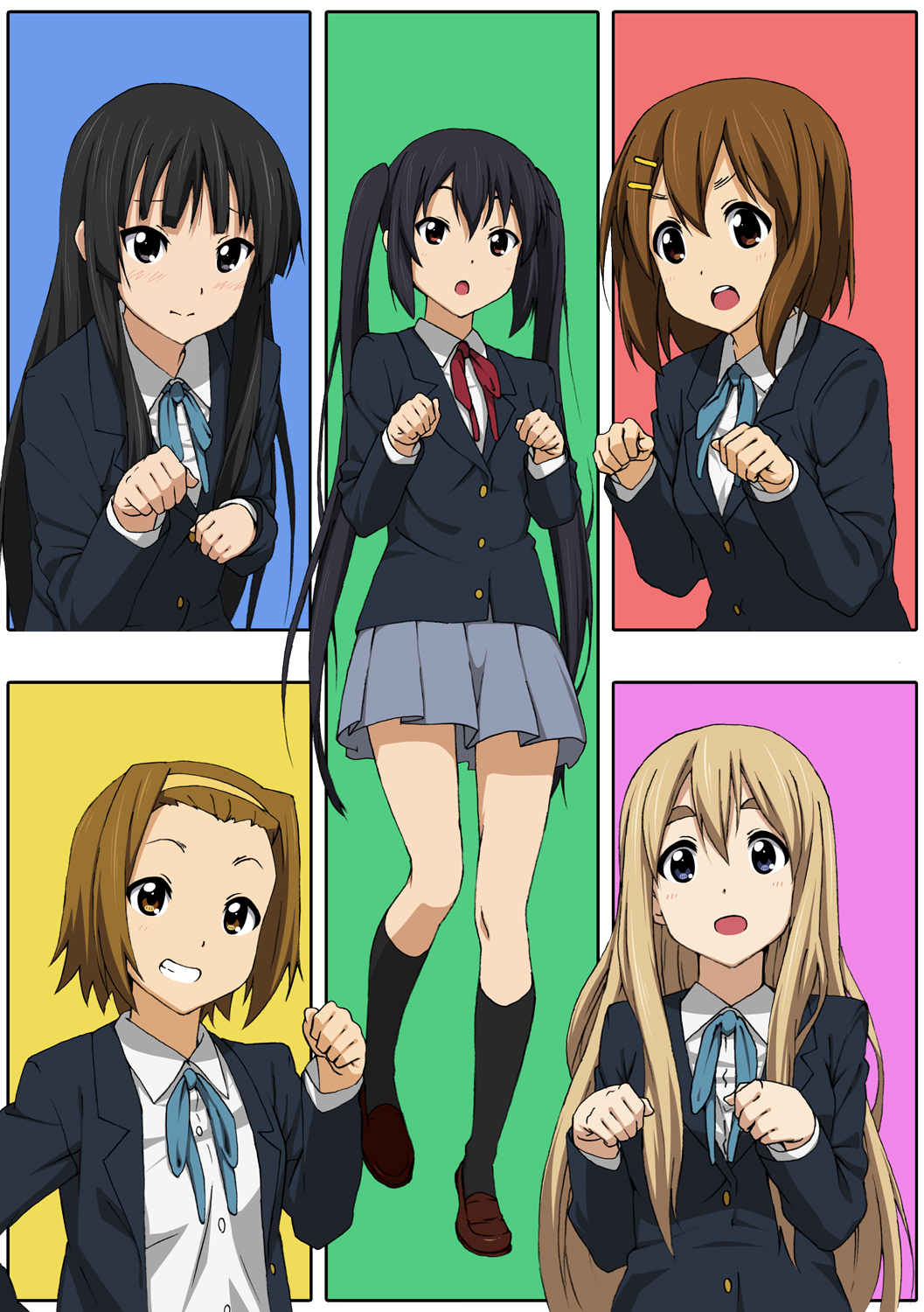 akiyama_mio black_eyes black_hair blonde_hair blue_eyes brown_eyes brown_hair hairband highres hirasawa_yui iyakun k-on! kotobuki_tsumugi long_hair multiple_girls nakano_azusa paw_pose sakuragaoka_high_school_uniform school_uniform short_hair tainaka_ritsu twintails