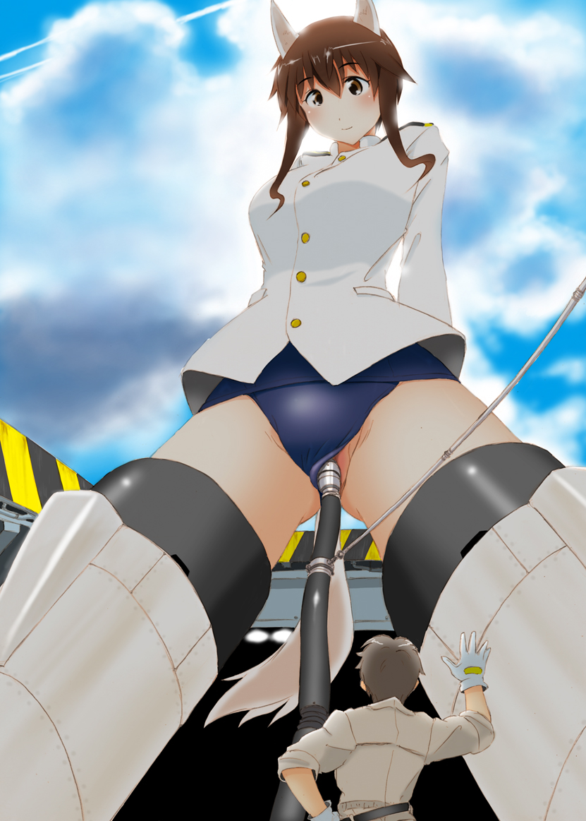 1girl animal_ears arms_behind_back blush breasts brown_eyes brown_hair giantess large_breasts object_insertion one-piece_swimsuit panah refueling school_swimsuit smile solo_focus strike_witches striker_unit swimsuit swimsuit_aside tail takei_junko vaginal vaginal_object_insertion world_witches_series