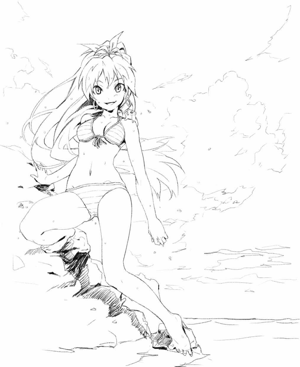 :d animal archellaura barefoot bikini breasts earrings ganaha_hibiki greyscale hair_ribbon hamster hamuzou high_ponytail highres idolmaster idolmaster_(classic) jewelry long_hair looking_at_viewer medium_breasts monochrome navel open_mouth ponytail ribbon rock sketch smile solo swimsuit water wet