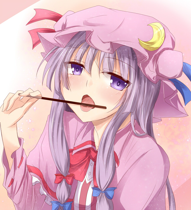 bow crescent food hair_bow hat holding long_hair looking_at_viewer patchouli_knowledge pocky purple_eyes purple_hair ram_hachimin solo tongue touhou