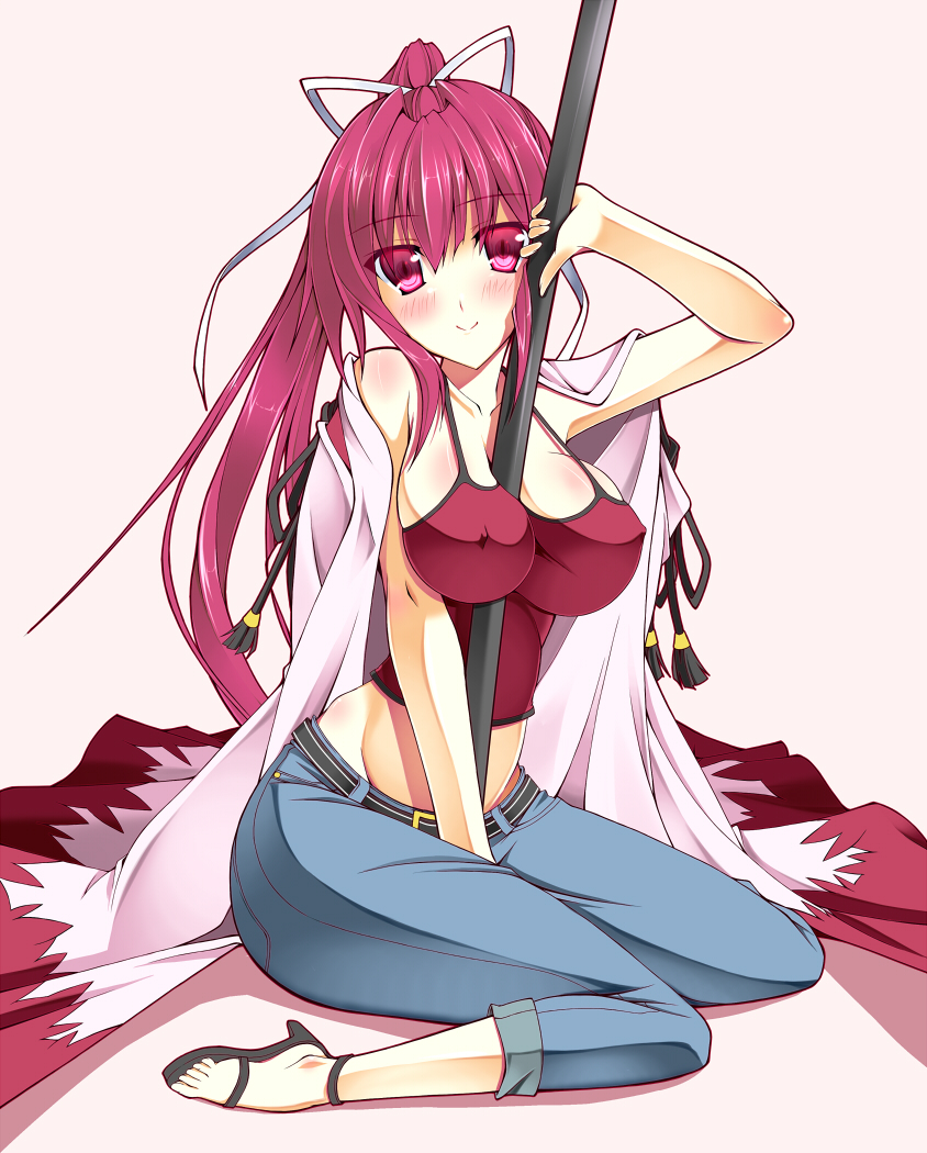 between_breasts blush breasts camisole cape covered_nipples hoshi_(ho4_no) huge_weapon katana large_breasts long_hair ootachi pants pants_rolled_up ponytail purple_eyes purple_hair sitting solo sword under_night_in-birth v_arms wariza weapon yuzuriha_(under_night_in-birth)