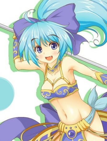 1girl artist_request blue_eyes blue_hair blush bow bra breasts fang gem hammer happy jewel looking_at_viewer lowres mound_of_venus navel playstation ponytail ribbon small_breasts smile the_legend_of_dragoon underwear weapon wingly wristband