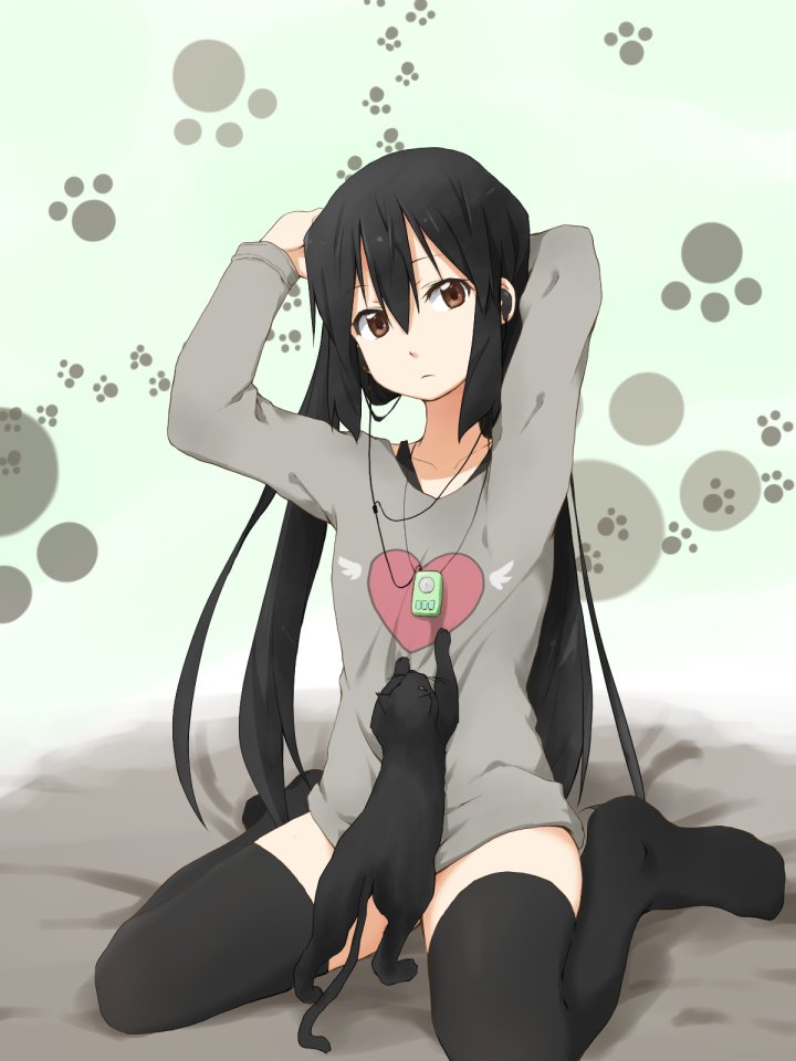 animal arms_up black_cat black_legwear brown_eyes cat censored convenient_censoring digital_media_player earphones k-on! kagiana long_hair nakano_azusa no_shoes paw_print sitting solo thighhighs twintails very_long_hair wariza