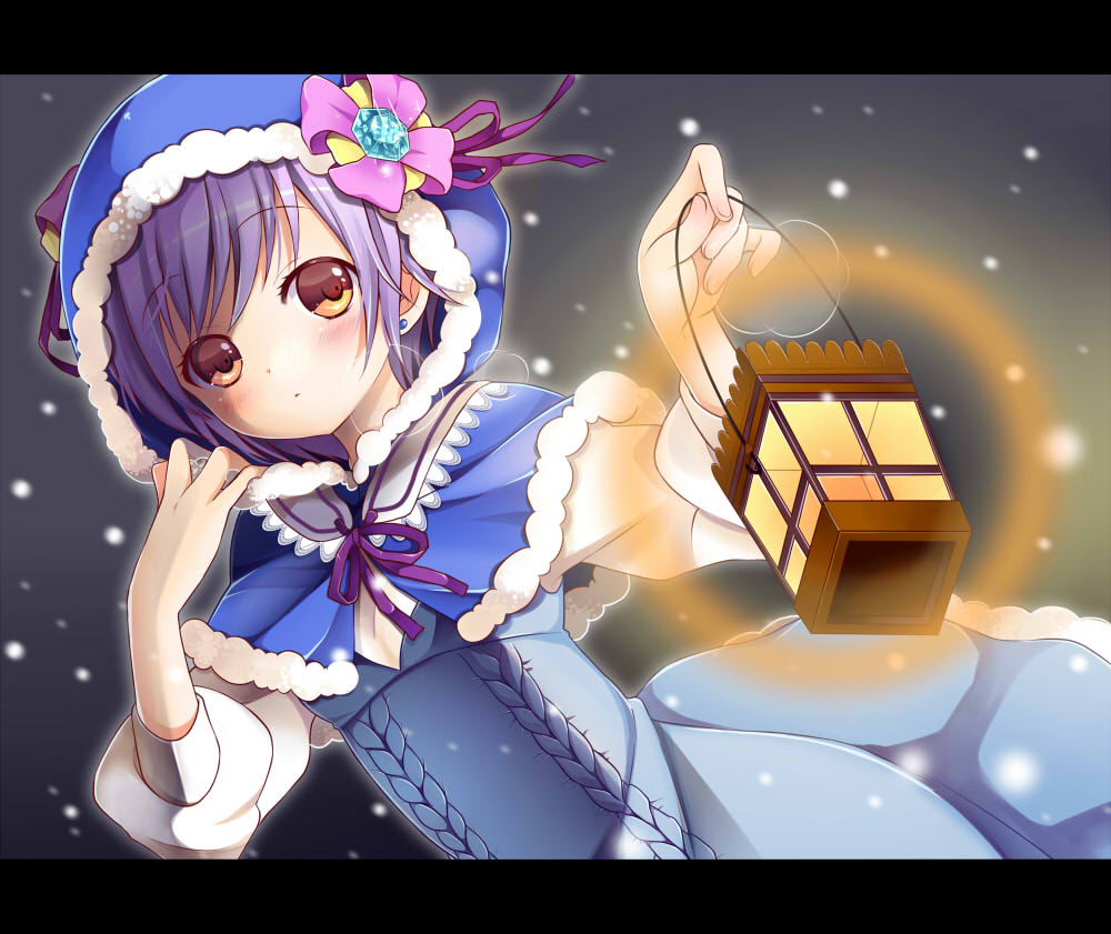 blush brown_eyes dress holding hood lantern letterboxed nekosugi_(hoshi) original purple_hair short_hair snowing solo