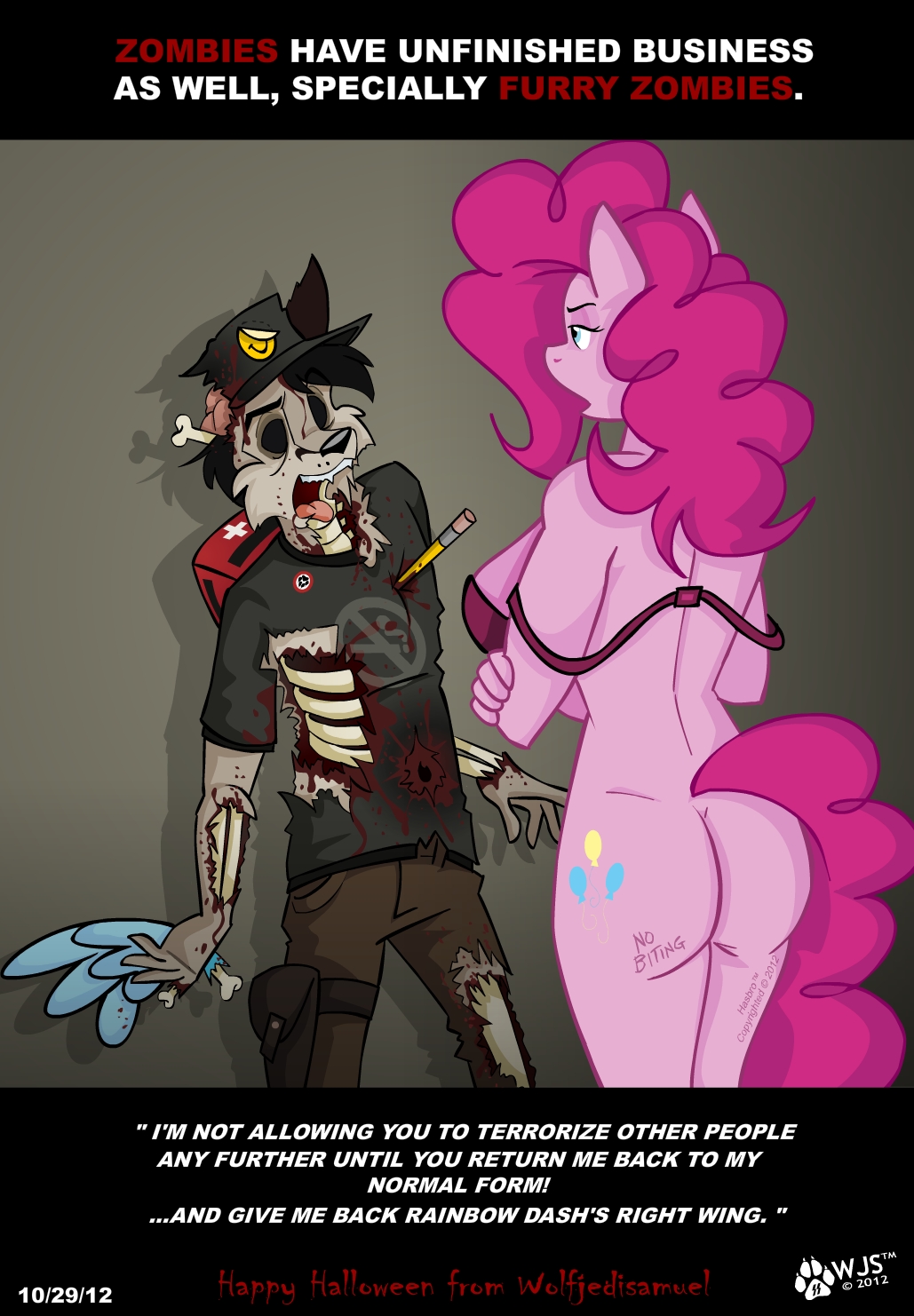 anthro anthrofied assertive blue_eyes bone breasts butt clothed clothing cutie_mark dialog dialogue duo english_text equine female friendship_is_magic fur hair hat horse interspecies male mammal my_little_pony necrophilia ohmy pencil pink_fur pink_hair pinkie_pie_(mlp) pony rainbow_dash_(mlp) side_boob straight text undead undressing wings wolfjedisamuel wolfjedismuel zombie