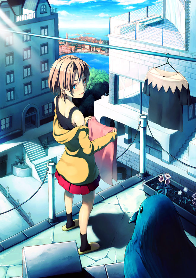 armais_(me-chan337) bird blue_bird blue_eyes brown_hair building fence flower holding laundry laundry_pole long_hair original river short_hair skirt slippers smile solo stairs standing sunlight water window