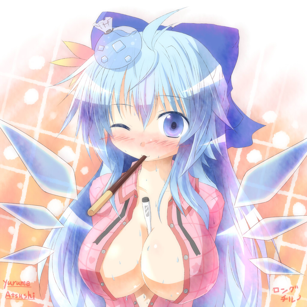 :3 alternate_breast_size alternate_hair_length alternate_hairstyle artist_name between_breasts blue_eyes blue_hair blush bow breasts cirno food hair_bow ice ice_wings large_breasts long_hair looking_at_viewer mouth_hold one_eye_closed pajamas pocky sick solo teenage thermometer touhou upper_body wings yurume_atsushi