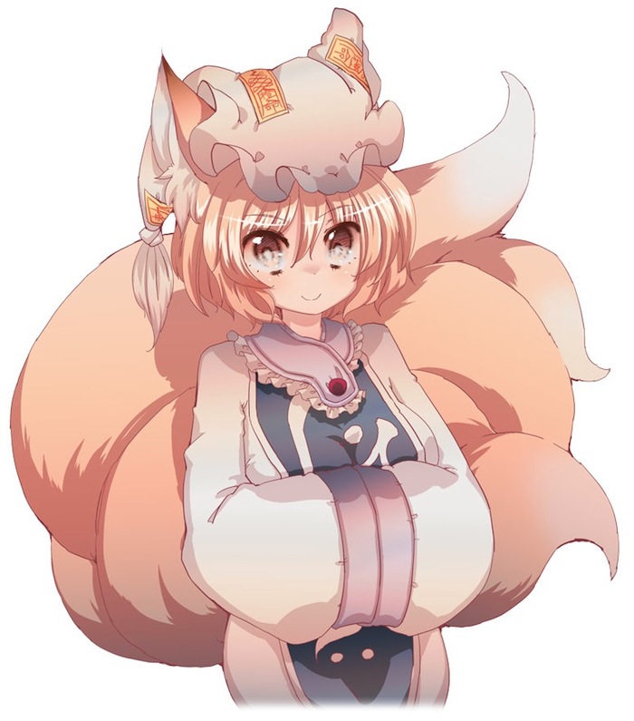 animal_ears bad_id bad_pixiv_id cream_(nipakupa) fox_ears fox_tail hands_in_opposite_sleeves multiple_tails simple_background smile solo tail touhou white_background yakumo_ran