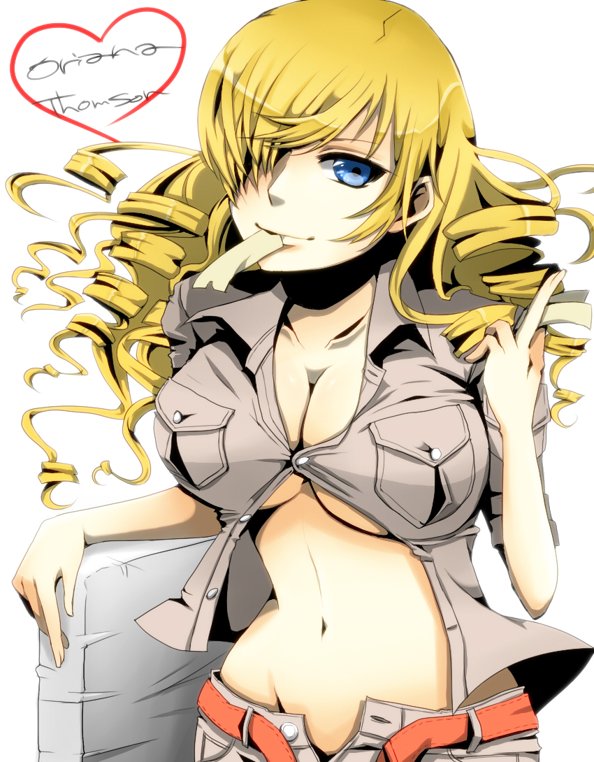 bad_id bad_pixiv_id belt blonde_hair blue_eyes breasts character_name cleavage collarbone drill_hair groin hair_over_one_eye large_breasts long_hair midriff mouth_hold mya_(ma0ma0ma) navel oriana_thomason revision sleeves_rolled_up smile solo to_aru_majutsu_no_index underboob