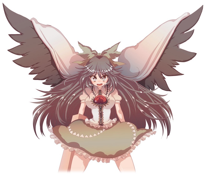 arm_cannon bad_id bad_pixiv_id black_hair black_wings bow brown_eyes cape cream_(nipakupa) hair_bow long_hair looking_at_viewer open_mouth puffy_sleeves reiuji_utsuho shirt simple_background skirt solo third_eye touhou very_long_hair weapon white_background wings