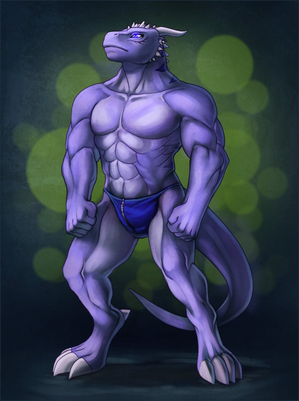 anthro beefy biceps big big_muscles buff claws dragon flexing glowing glowing_eyes horn ihvon male muscles necklace pecs pose purple_body purple_eyes scales scalie solo speedo standing swimsuit toe_claws toned topless underwear unknown_artist zipper