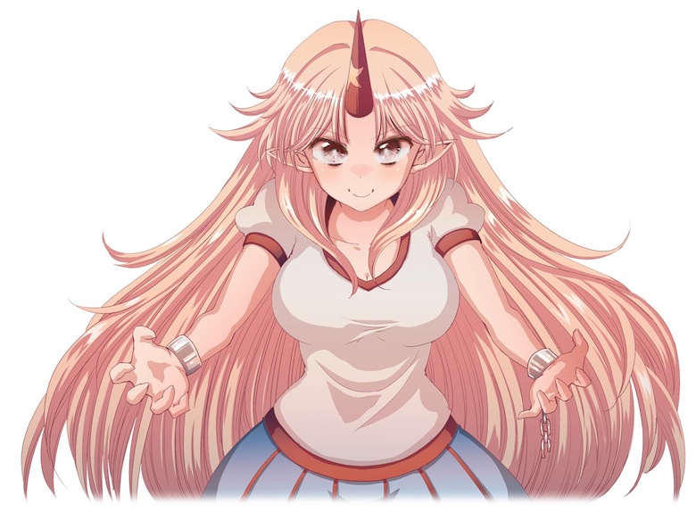 bad_id bad_pixiv_id breasts cream_(nipakupa) horn hoshiguma_yuugi large_breasts long_hair looking_at_viewer pointy_ears simple_background smile solo touhou white_background