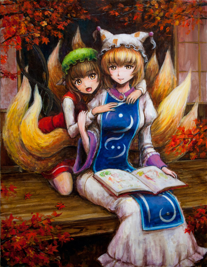 animal_ears autumn blonde_hair book brown_eyes brown_hair cat_ears cat_tail chen earrings fang fox_tail hat hug hug_from_behind jewelry multiple_girls multiple_tails oil_painting_(medium) open_book porch revision sitting tafuto tail touhou traditional_media veranda yakumo_ran yellow_eyes