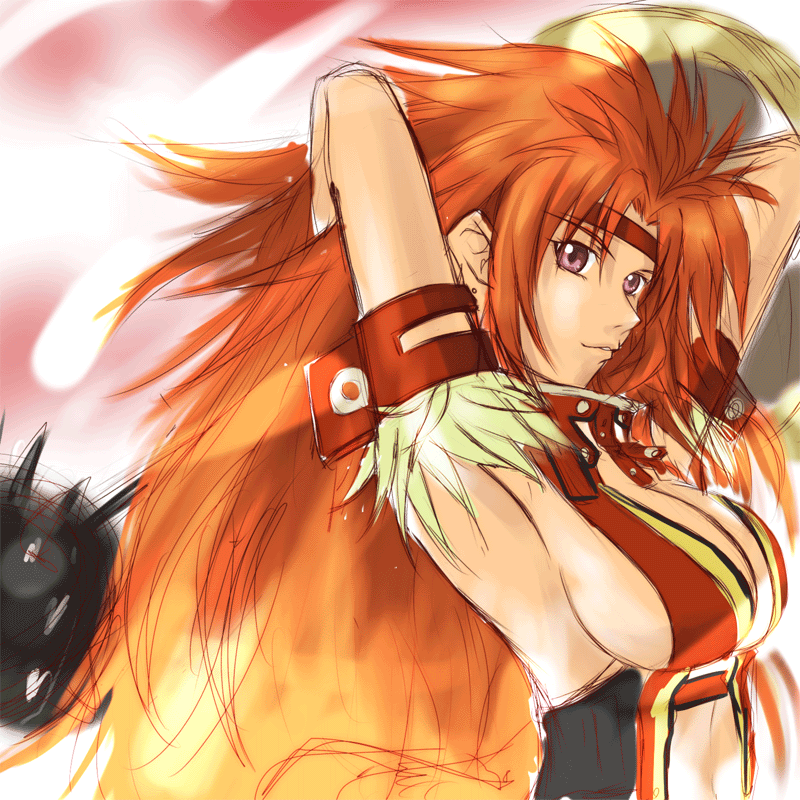 1girl armpits arms_up breasts cleavage headband long_hair nayuta_(makutsu_no_dabun) purple_eyes queen's_blade queen's_blade red_hair risty sideboob solo very_long_hair