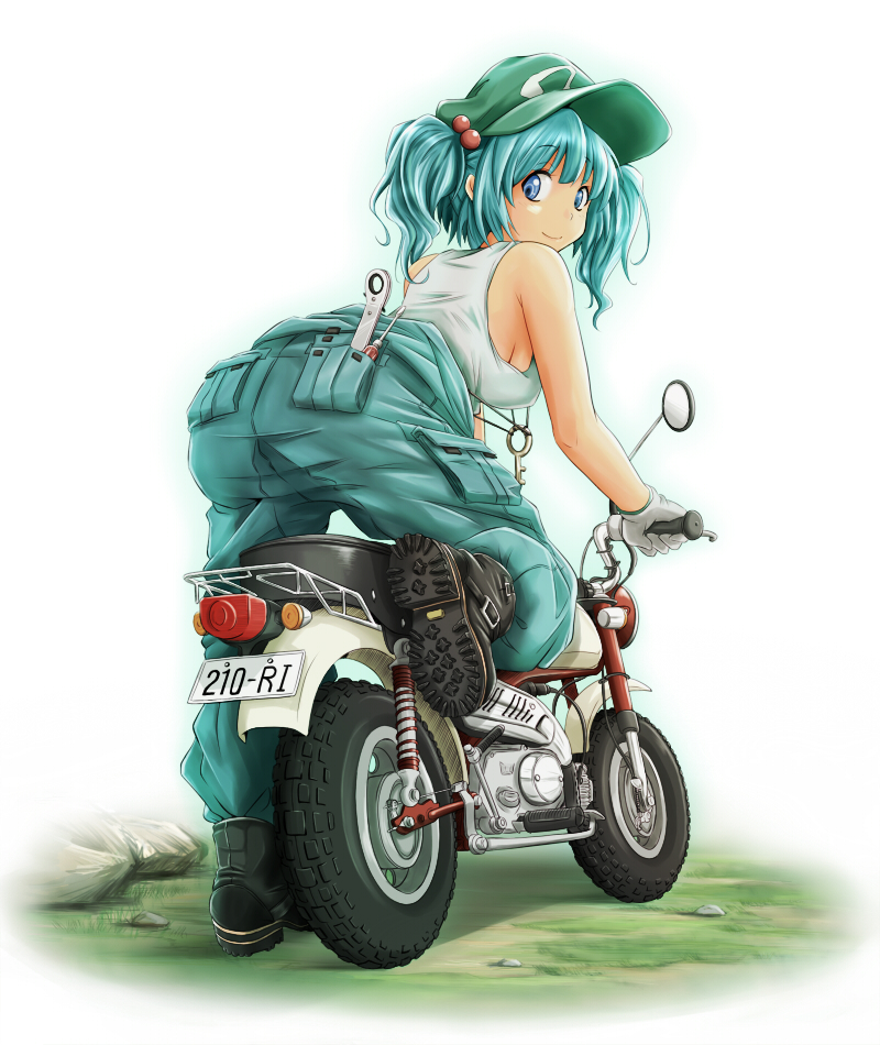 alternate_costume ao_usagi ass bare_shoulders bent_over blue_eyes blue_hair boots breasts contemporary gloves ground_vehicle hair_bobbles hair_ornament kawashiro_nitori key looking_back medium_breasts minibike motor_vehicle motorcycle no_bra overalls pun revision screwdriver short_hair sideboob smile solo tank_top touhou two_side_up wrench
