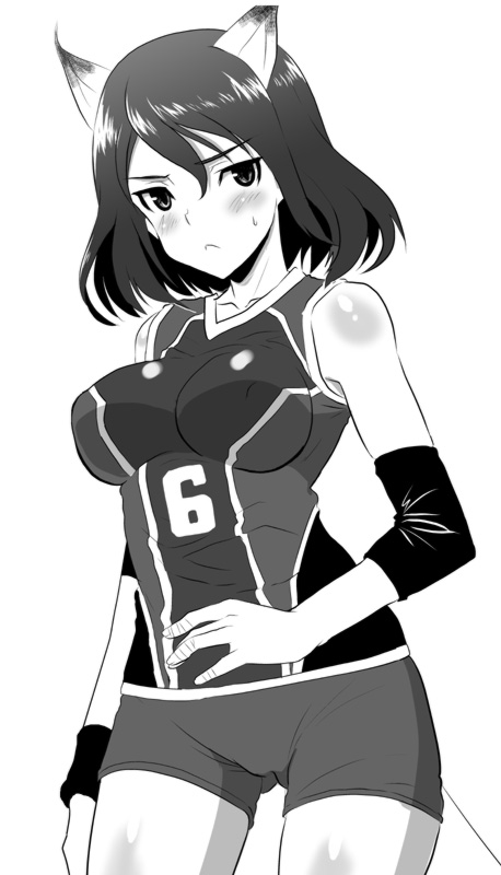 adriana_visconti animal_ears bare_shoulders bike_shorts blush breasts caracal_ears covered_nipples flying_sweatdrops greyscale kyougoku_shin large_breasts monochrome noble_witches short_hair solo sportswear sweatband uniform volleyball_uniform world_witches_series