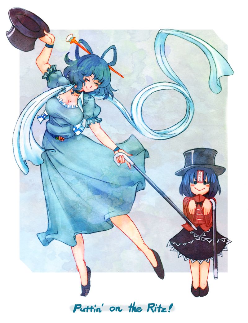 blue_hair blush_stickers breasts cane closed_eyes dancing english hair_ornament hair_rings hair_stick hat hat_removed hat_tip headwear_removed holding holding_hat jiangshi kaku_seiga large_breasts lyrics magician miyako_yoshika multiple_girls ofuda outstretched_arms shawl smile solid_circle_eyes terrajin top_hat touhou zombie_pose