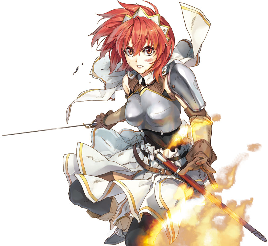 black_legwear breastplate cecily_cambell fire gloves long_hair looking_at_viewer luna_(reclaimed_land) pantyhose pauldrons red_eyes red_hair scabbard seiken_no_blacksmith sheath simple_background skirt solo sword weapon white_background