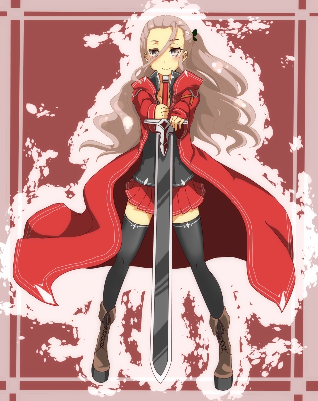 black_legwear boots coat genderswap genderswap_(mtf) grey_hair heathcliff i_b_b_e long_hair skirt smile solo sword sword_art_online thighhighs weapon zettai_ryouiki