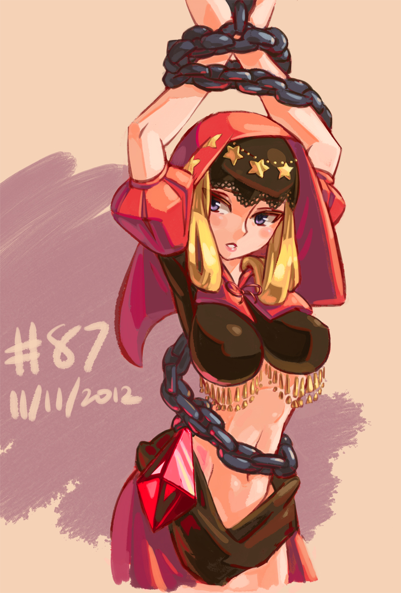 2012 arms_up bdsm blonde_hair bondage bound bound_arms breasts chain colorized dated hood junkpuyo large_breasts midriff navel odin_sphere puff_and_slash_sleeves puffy_short_sleeves puffy_sleeves purple_eyes short_sleeves solo velvet_(odin_sphere)