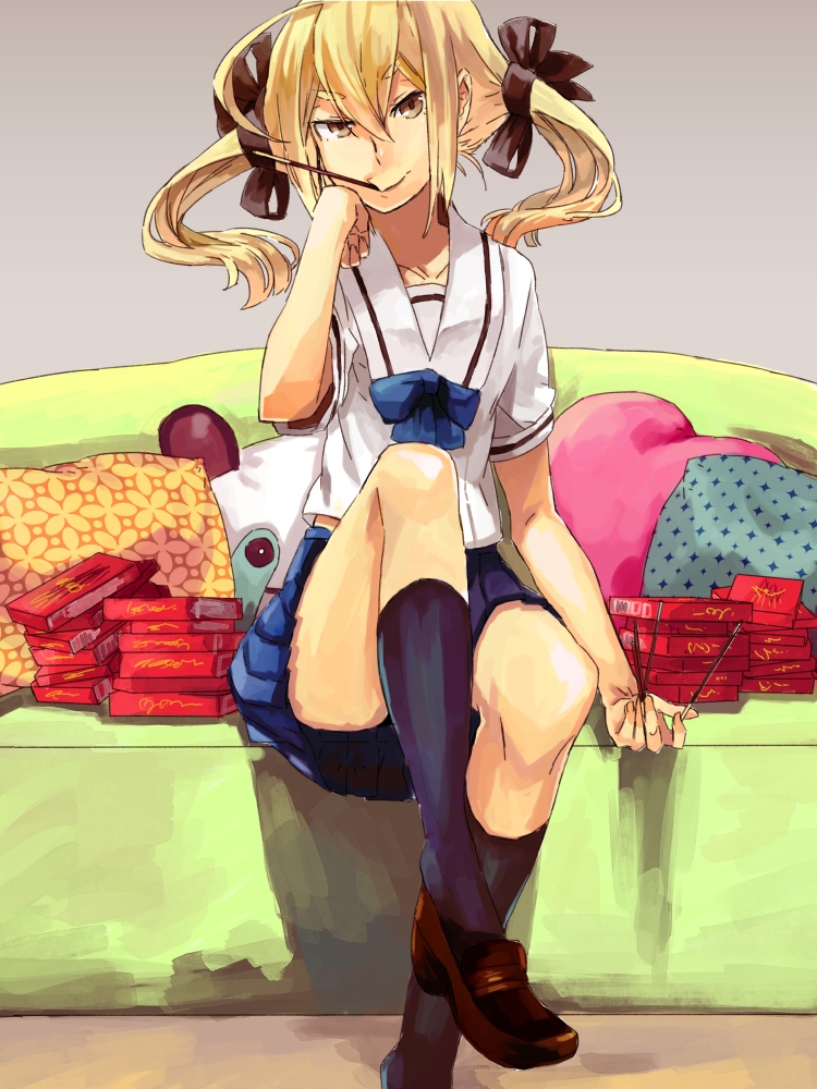 blonde_hair food fujino_sato koujiro_frau pocky robotics;notes school_uniform serafuku skirt socks solo twintails yellow_eyes