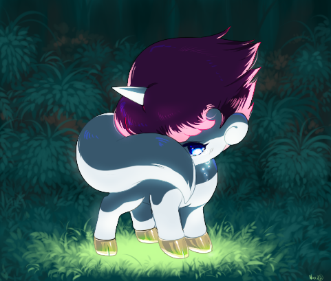 80s bad_id blue_eyes bush crying dondarkrai forest glow glowing horn lowres male male_focus mikia_harris nature night no_humans oldschool pink_hair shy solo tail tears tree unico unico_(character) unicorn
