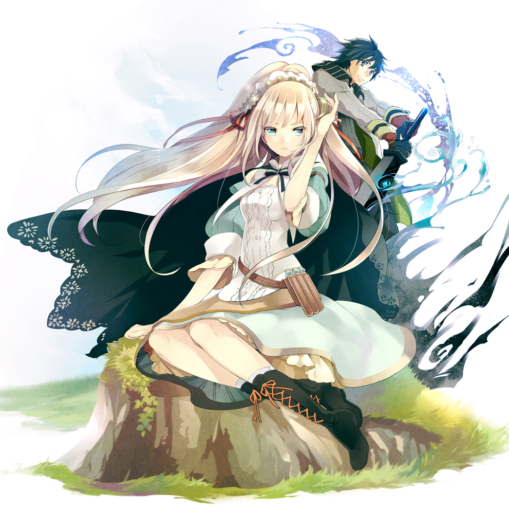 1girl belt black_hair blonde_hair blue_eyes boots cape character_request devil_buster dress gin_(oyoyo) hairband long_hair revision rock seiza short_hair sitting smile sword weapon