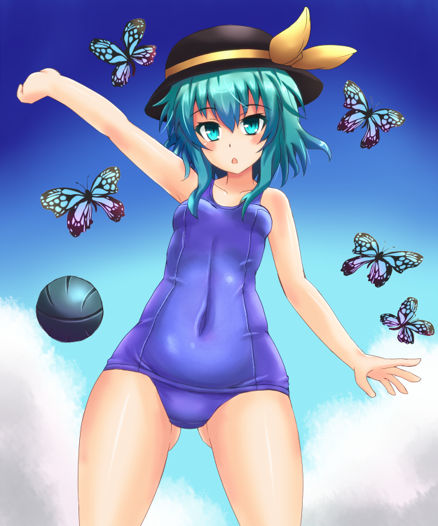 bad_id bad_pixiv_id ball bug butterfly covered_navel green_eyes green_hair hat insect komeiji_koishi one-piece_swimsuit school_swimsuit short_hair solo sumapan swimsuit touhou