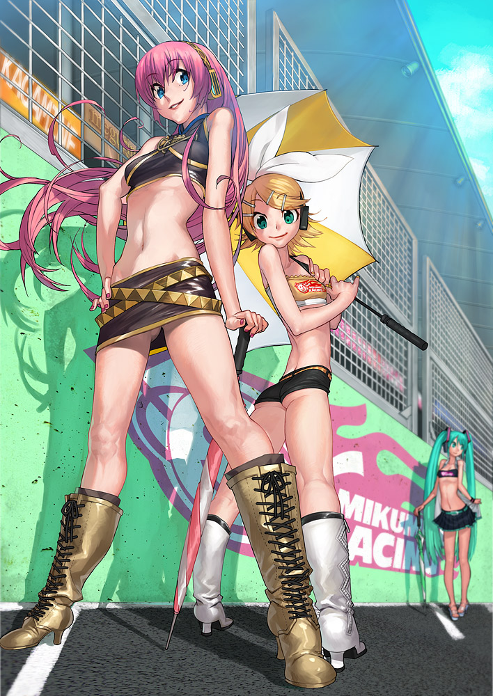 adapted_costume aqua_eyes ass bad_anatomy blonde_hair blue_eyes boots closed_umbrella flat_chest goodsmile_company hair_ornament hair_ribbon hairclip hatsune_miku headphones kagamine_rin kazeto legs long_hair looking_at_viewer looking_back megurine_luka midriff miniskirt multiple_girls navel pink_hair planted_umbrella race_queen revision ribbon shirt short_hair short_shorts shorts skirt smile taut_clothes taut_shirt umbrella very_long_hair vocaloid